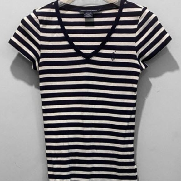 Ralph Lauren Sport Navy White Striped V-Neck T-Shirt Women’s Size Small Stretchy - Picture 1 of 11